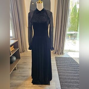 Black Velvet Dress Sheer Sleeves S